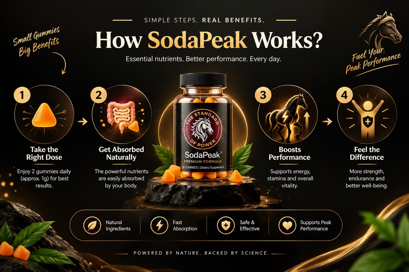 SodaPeak how it works: take the right dose, get absorbed naturally, boosts performance, feel the difference